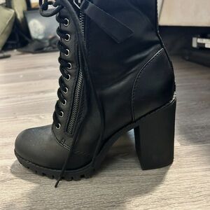 Black Lace-Up Block Heel Ankle Boots - Women